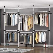Heavy Duty Clothes Rack, 4 Poles 6 Bars Telescopic Coat Hanger Wardrobe Organiser, Hanging Rail, Garment Rack, Stainless Steel Poles and Bars, 6