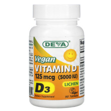 Deva, Veganes Vitamin D3, 125 mcg (5.000 IE), 90 Tabletten