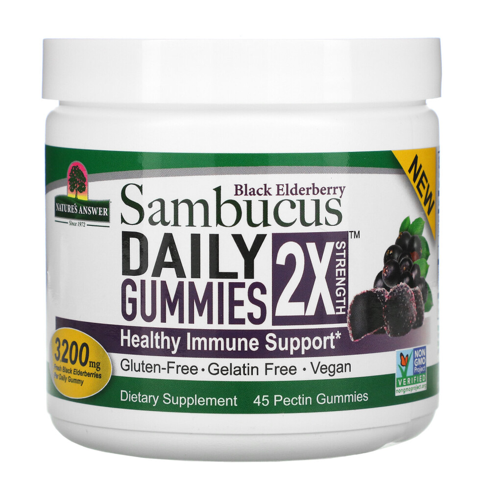 Nature's Answer Black Elderberry Sambucus Daily Gummies, 2X Strength, 3,200 Mg, 45 Pectin Gummies