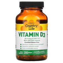 Country Life, Vitamin D3, 62,5 mcg (2.500 IE), 200 Softgels