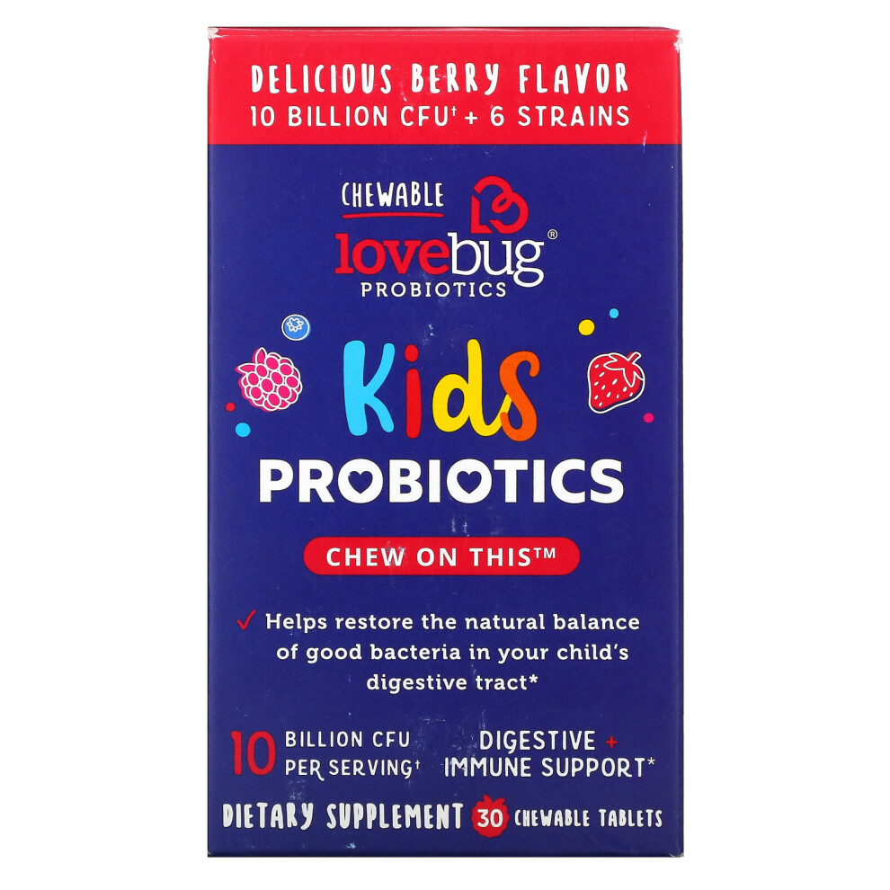 LoveBug Probiotics, Kids Probiotics,  Delicious Berry, 10 Billion CFU, 30 Chewable Tablets