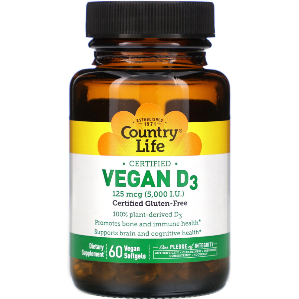 Country Life , Certified Vegan D3, 125 Mcg (5,000 Iu), 60 Vegan Softgels