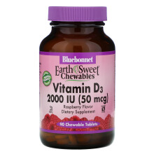 Bluebonnet Nutrition, EarthSweet Kautabletten, Vitamin D3, Himbeere, 2.000 IE, 90 Kautabletten