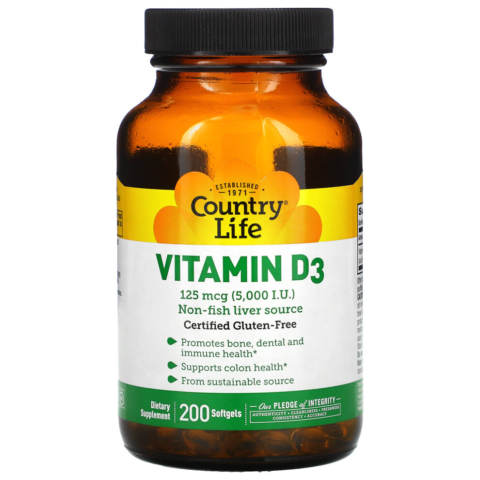 Country Life , Vitamin D3, 125 Mcg (5,000 Iu), 200 Softgels