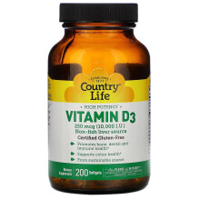 Country Life, Hochdosiertes Vitamin D3, 250 mcg (10.000 IE), 200 Softgels