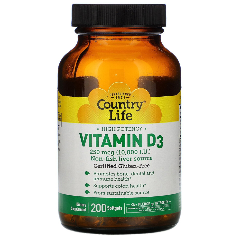 Country Life , High Potency Vitamin D3, 250 Mcg (10,000 Iu), 200 Softgels