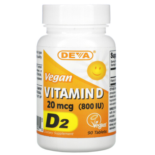 Deva, Vitamine D2 Végétalienne, 20 mcg (800 UI), 90 Comprimés