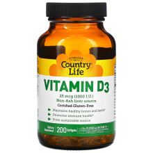 Country Life, Vitamin D3, 25 mcg (1.000 IE), 200 Softgels