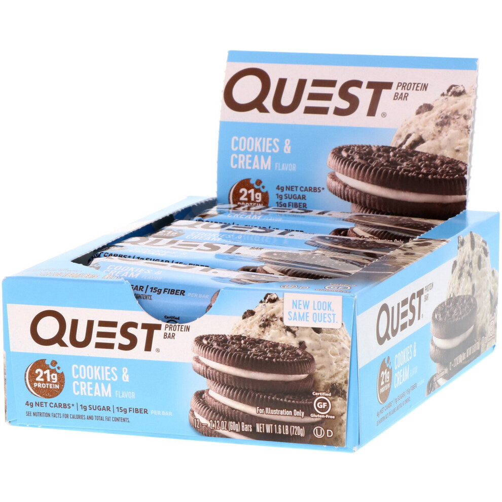 Quest Nutrition , Protein Bar, Cookies & Cream, 12 Bars, 2.12 Oz (60 G) Each