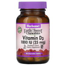 Bluebonnet Nutrition, Earth Sweet à Croquer, Vitamine D3, Framboise, 25 mcg (1 000 UI), 90 Comprimés à Croquer