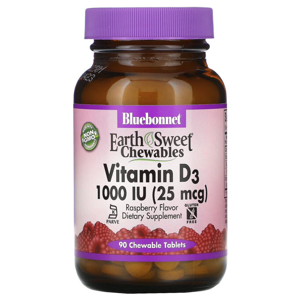 Bluebonnet Nutrition , Earth Sweet Chewables, Vitamin D3, Raspberry, 1,000 Iu (25 Mcg), 90 Chewable Tablets
