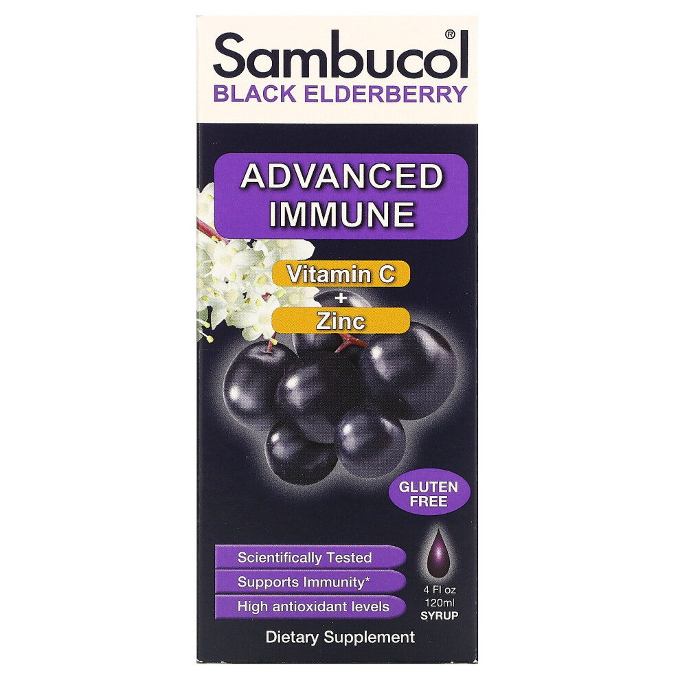 Sambucol Black Elderberry Syrup, Advanced Immune, Vitamin C + Zinc, Natural Berry, 4 Fl Oz (120 Ml)