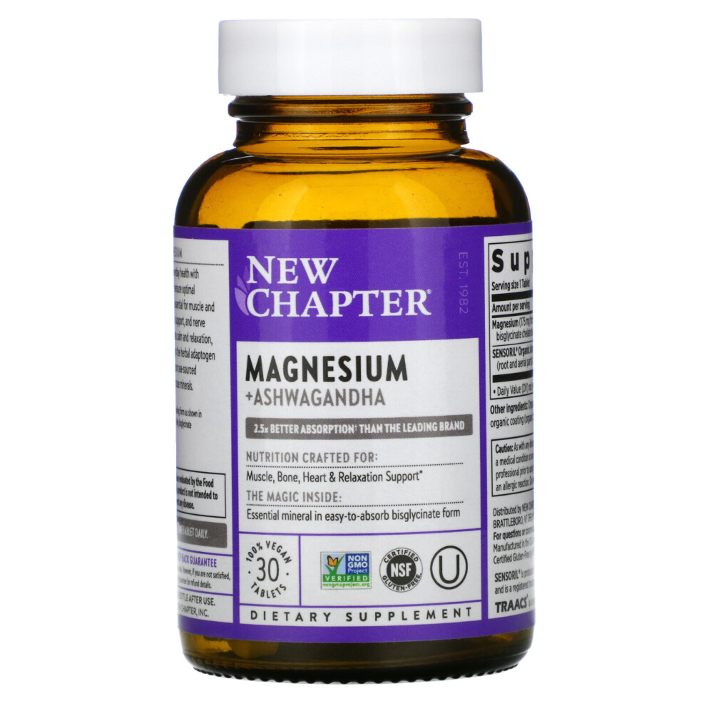 New Chapter Magnesium Glycinate + Ashwagandha 325 mg â Calming Support for Relaxation, Muscle Recovery, Heart & Bone Health, 2.5x Absorption