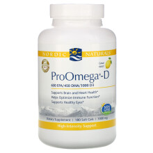 Nordic Naturals ProOmega-D citronsmak - 180 mjuka geler - 1280 mg Omega-3 + 1000 IE D3 - Hgpotent fiskolja - EPA & DHA - Hjrna gon Hjrta & im