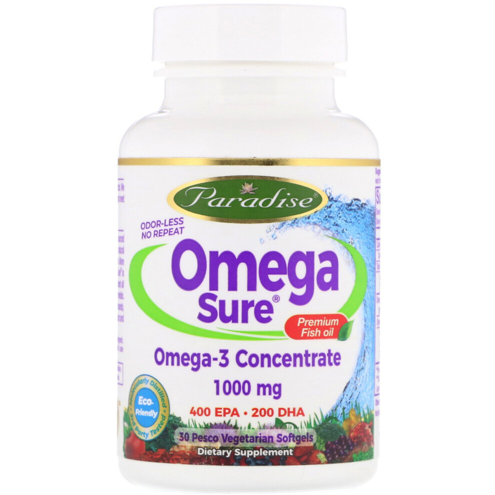 Paradise Herbs , Omega Sure, Omega-3 Premium Fish Oil, 1,000 Mg, 30 Pesco Vegetarian Softgels