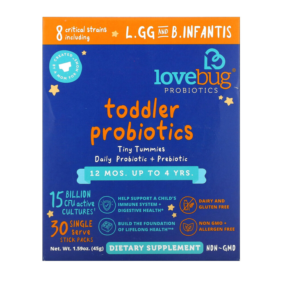 LoveBug Probiotics, Toddler Probiotics, Tiny Tummies Daily Probiotic + Prebiotic, 12 Mos. Up To 4 Yrs., 30 Single Serve Stick Packs, 1.59 oz ( 45 g)