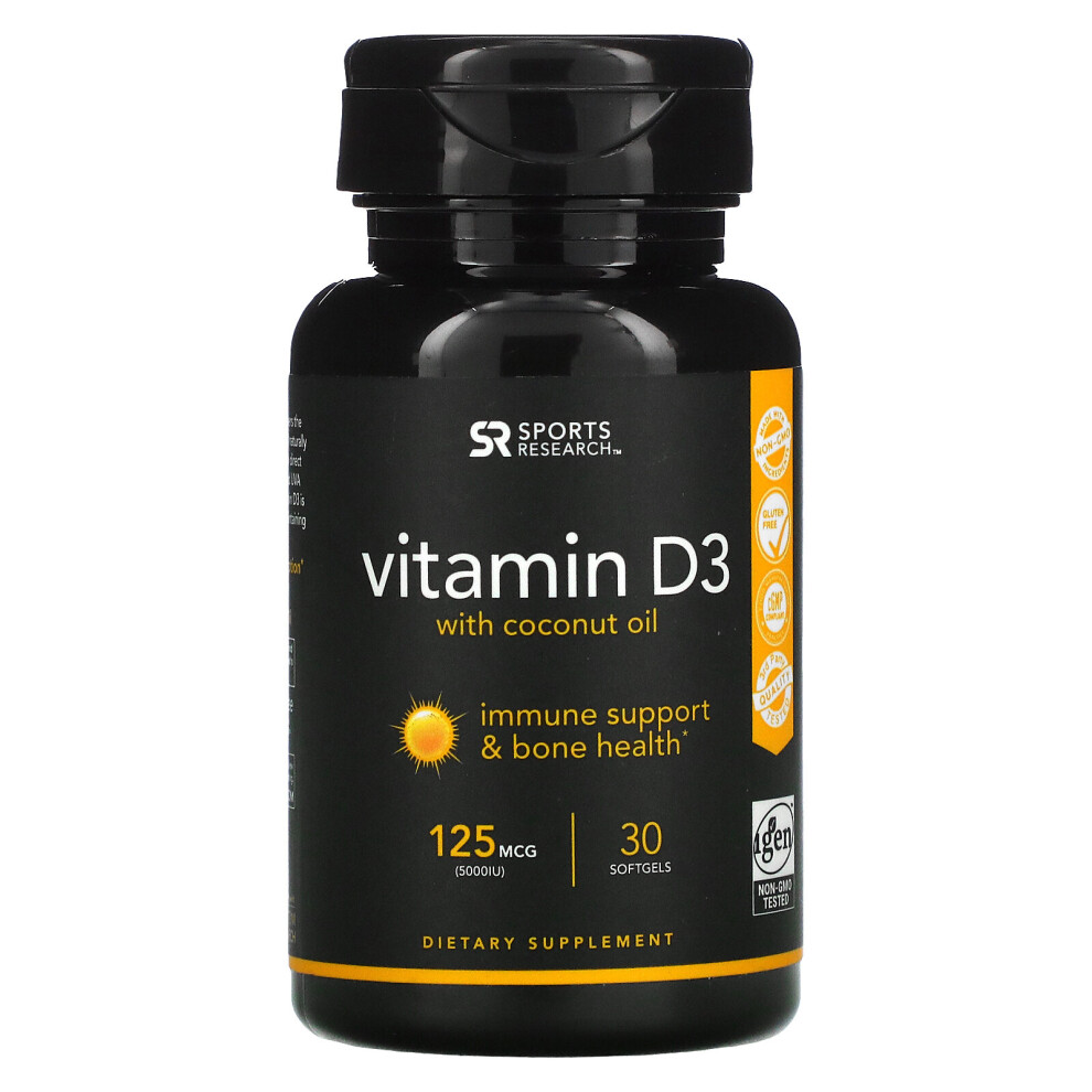 Sports Research, Vitamin D3 With Coconut Oil, 125 Mcg (5,000 IU), 30 Softgels