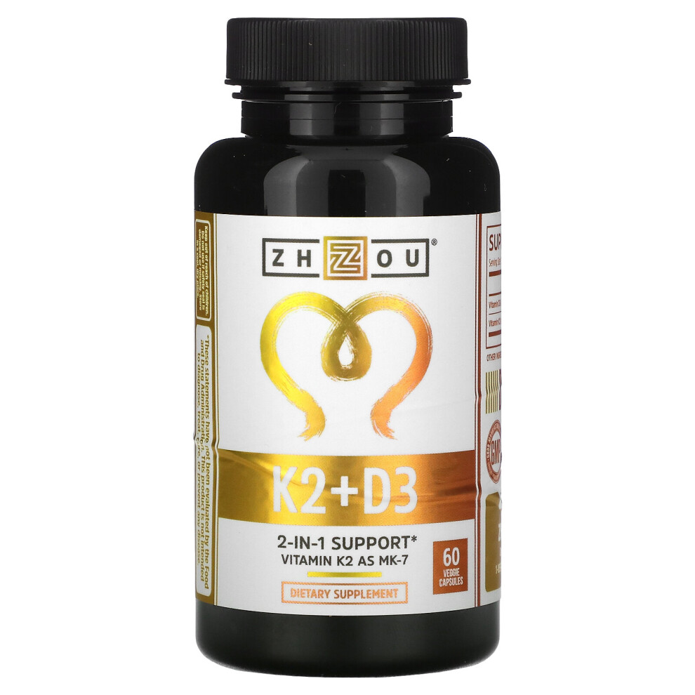Zhou Nutrition , K2 + D3, 2-In-1 Support, 60 Veggie Capsules