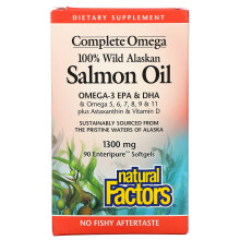 Natural Factors, Oméga Complet, Huile de Saumon Sauvage d'Alaska 100 %, 1 300 mg, 90 Gélules Enteripure