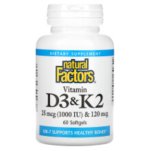 Natural Factors, Vitamin D3 & K2, 25 mcg (1.000 IE) & 120 mcg, 60 Softgels