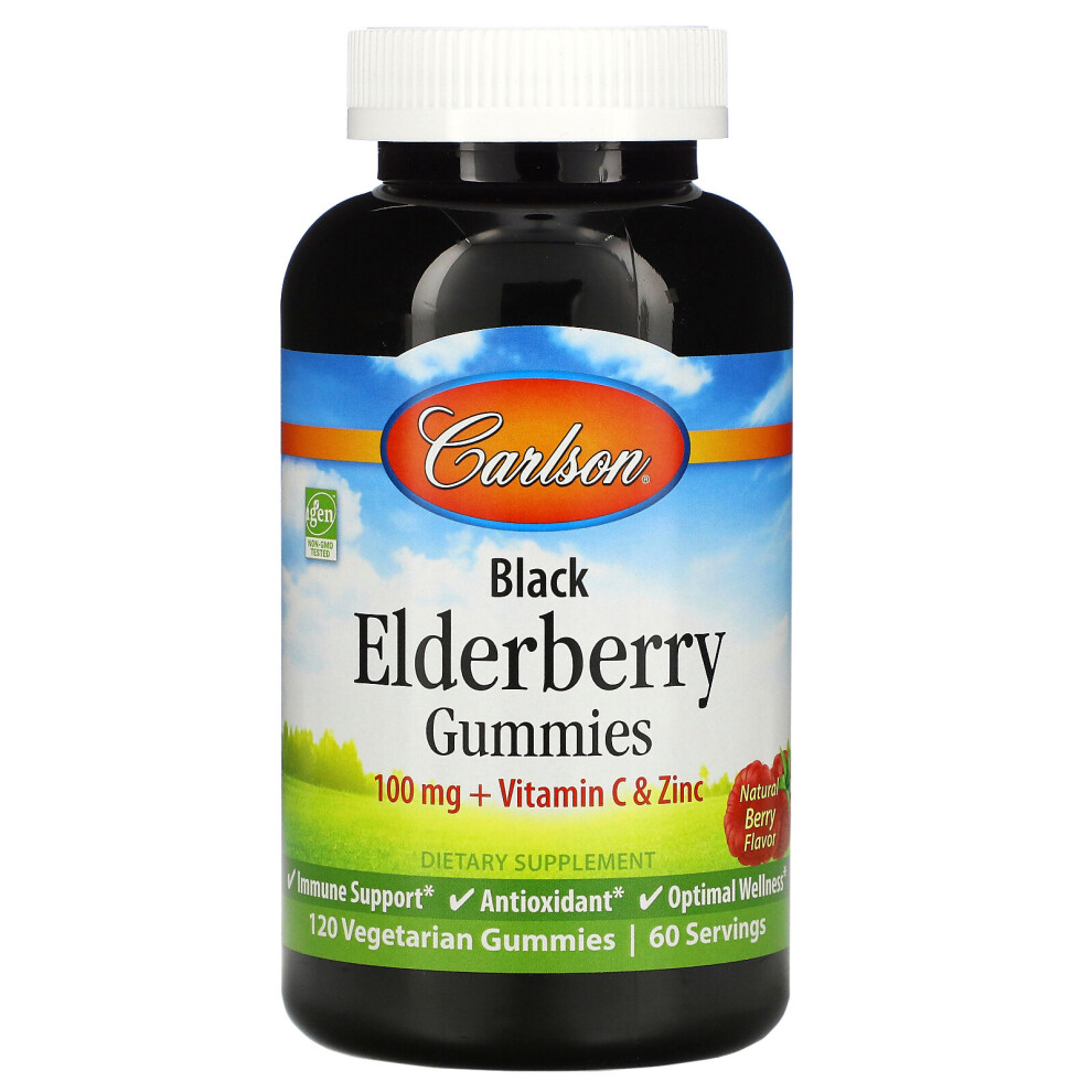 Carlson Labs Black Elderberry Gummies + Vitamin C & Zinc, Natural Berry, 100 Mg, 120 Vegetarian Gummies