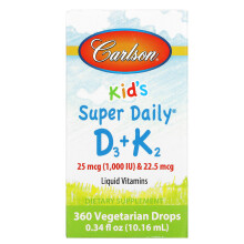 Carlson, Kid's, Super Daily D3+K2, 25 mcg (1.000 IE) & 22,5 mcg, 0,34 fl oz (10,16 ml)
