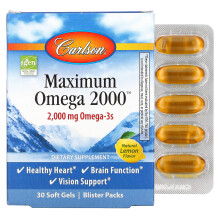 Carlson, Maximum Omega 2000, Natürliches Zitrone, 2.000 mg, 30 Softgels (1.000 mg pro Softgel)