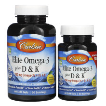 Carlson - Elite Omega-3 Plus D & K, 700 mg Omega-3s + D3 & K2, Botten- en Immuunondersteuning, Citroen, 60+30 Softgel
