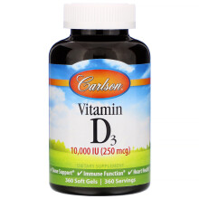 Carlson, Vitamine D3, 250 mcg (10 000 UI), 360 Gélules Souples