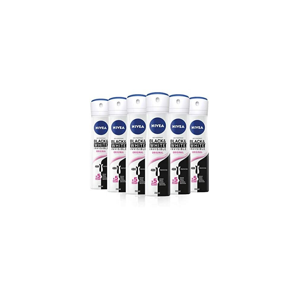 NIVEA Black & White Invisible Original Anti-Perspirant Deodorant Spray Pack of 6 (6 x 150ml), 48hr Deodorant for Women, Anti-Stain Womens