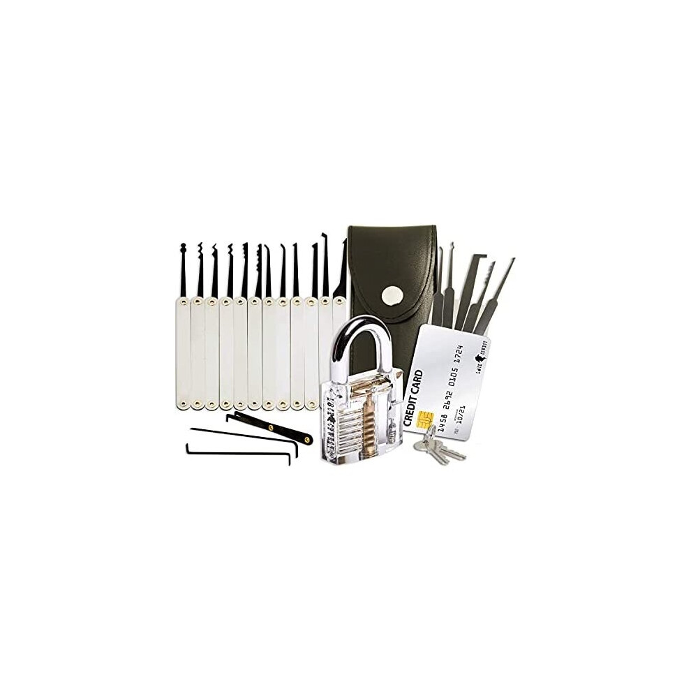 20-Piece Lock Pick Set with Transparent Training Padlock and Credit Card Lock Picking Tool Kit by LockCowboy + Guide for Beginner and Pro Locksmiths
