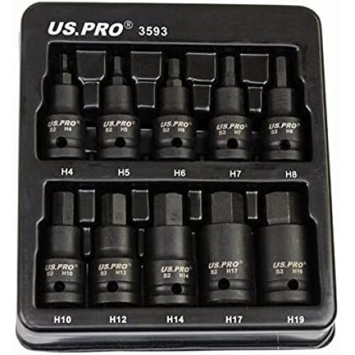 us pro US PRO Tools 10pc Impact Hex Bit Socket Set 1/2" Drive 4mm to 19mm 3593