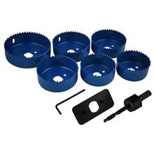 Olympic Fixings Downlight Holesaw 9 Piece Set 60, 65, 70, 72, 75 & 85mm Steel Hole Saw Cutters, Arbor and Accessories Ceiling Downlighter Installation