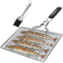 penobon Fish Grilling Basket, Folding Portable Stainless Steel BBQ Grill Basket for Fish Vegetables Shrimp with Removable Handle, Come with Basting