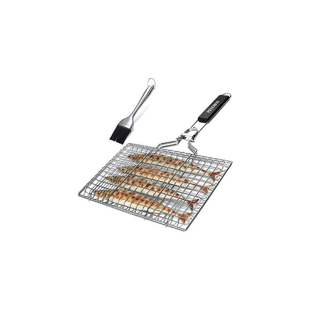 penobon Fish Grilling Basket, Folding Portable Stainless Steel BBQ Grill Basket for Fish Vegetables Shrimp with Removable Handle, Come with Basting