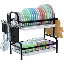 Averrex 2 Tiers Dish Drying Rack, Stainless Steel Dish Drainer Rack with Drip Trays, Utensil Holder and Cutting Board Rack Kitchen Draining Rack