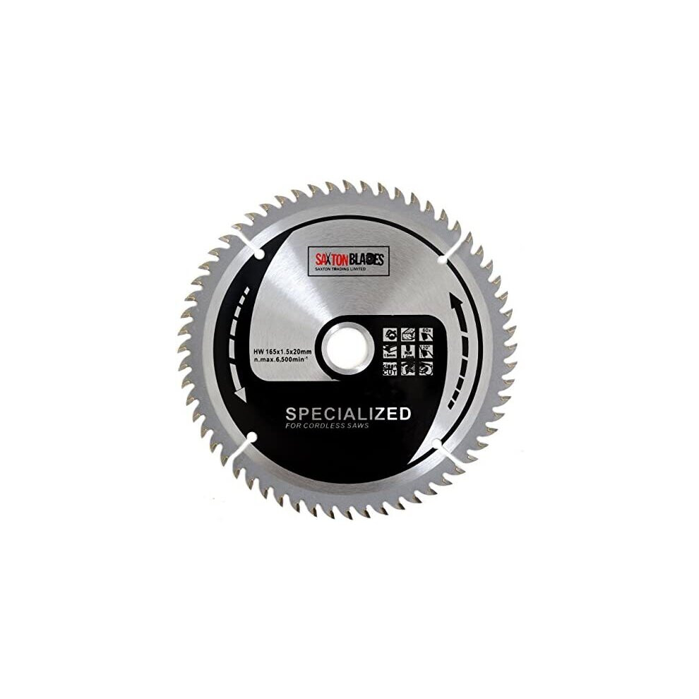 Saxton TCT16560T 165mm x 60t TCT Thin Kerf Cordless Circular Saw Blade Compatible with Dewalt Makita