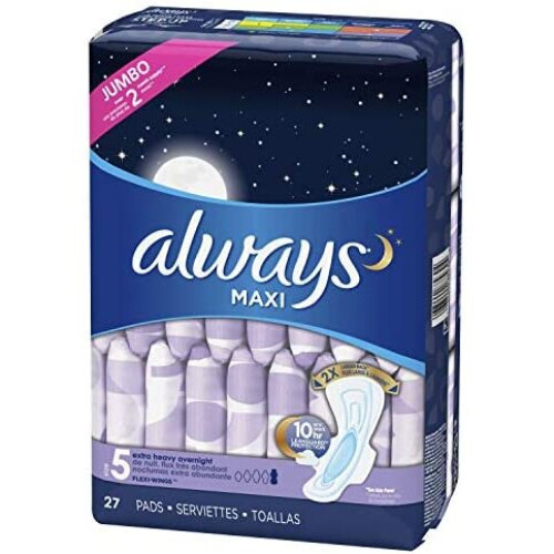 Always Always Maxi Overnight Extra Heavy Flow with Wings, Unscented Pads 27 Count (Jumbo)