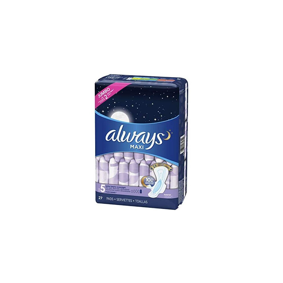 Always Maxi Overnight Extra Heavy Flow with Wings, Unscented Pads 27 Count (Jumbo)