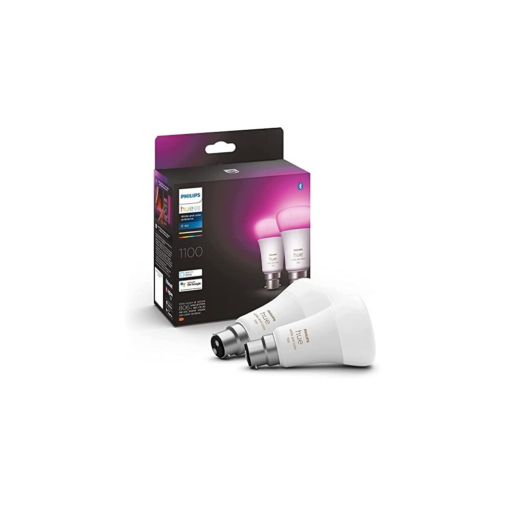 Philips Hue White & Colour Ambiance Smart Bulb Twin Pack LED [B22 Bayonet Cap] - 1100 Lumens (75W Equivalent). Works with Alexa, Google Assistant and