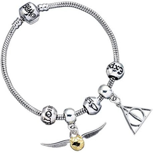 Harry Potter Silver Plated Bracelet with three Spell beads, Deathly Hallows & Snitch Charms- HP0090