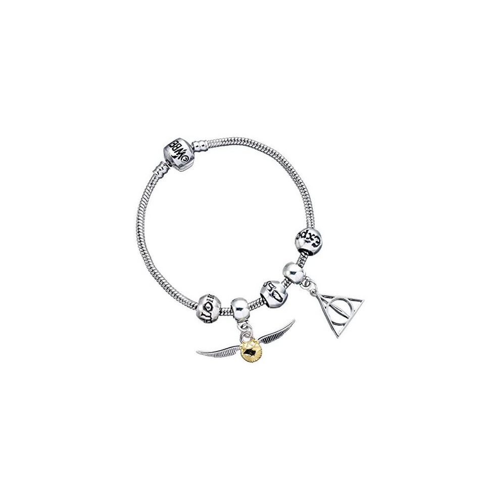 Harry Potter Plated Bracelet With Three Spell Beads, Deathly Hallows & Snitch Charms- Hp0090 Silver