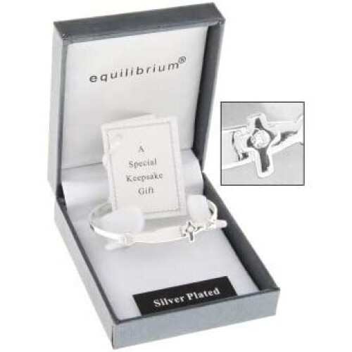 Equilibrium Silver Plated Christening Bangle with a cross