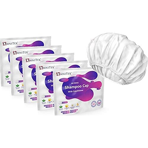 5pk - Omnitex Premium Rinse Free Shampoo Cap - Microwaveable | with Conditioner & Vitamins | Nourish & Protect with Herbal Extracts & Barrier Cream |