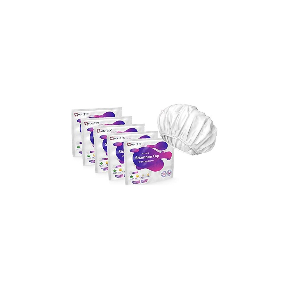 Omnitex 5Pk - Premium Rinse Free Shampoo Cap - Microwaveable | With Conditioner & Vitamins | Nourish & Protect With Herbal Extracts & Barrier | Cream