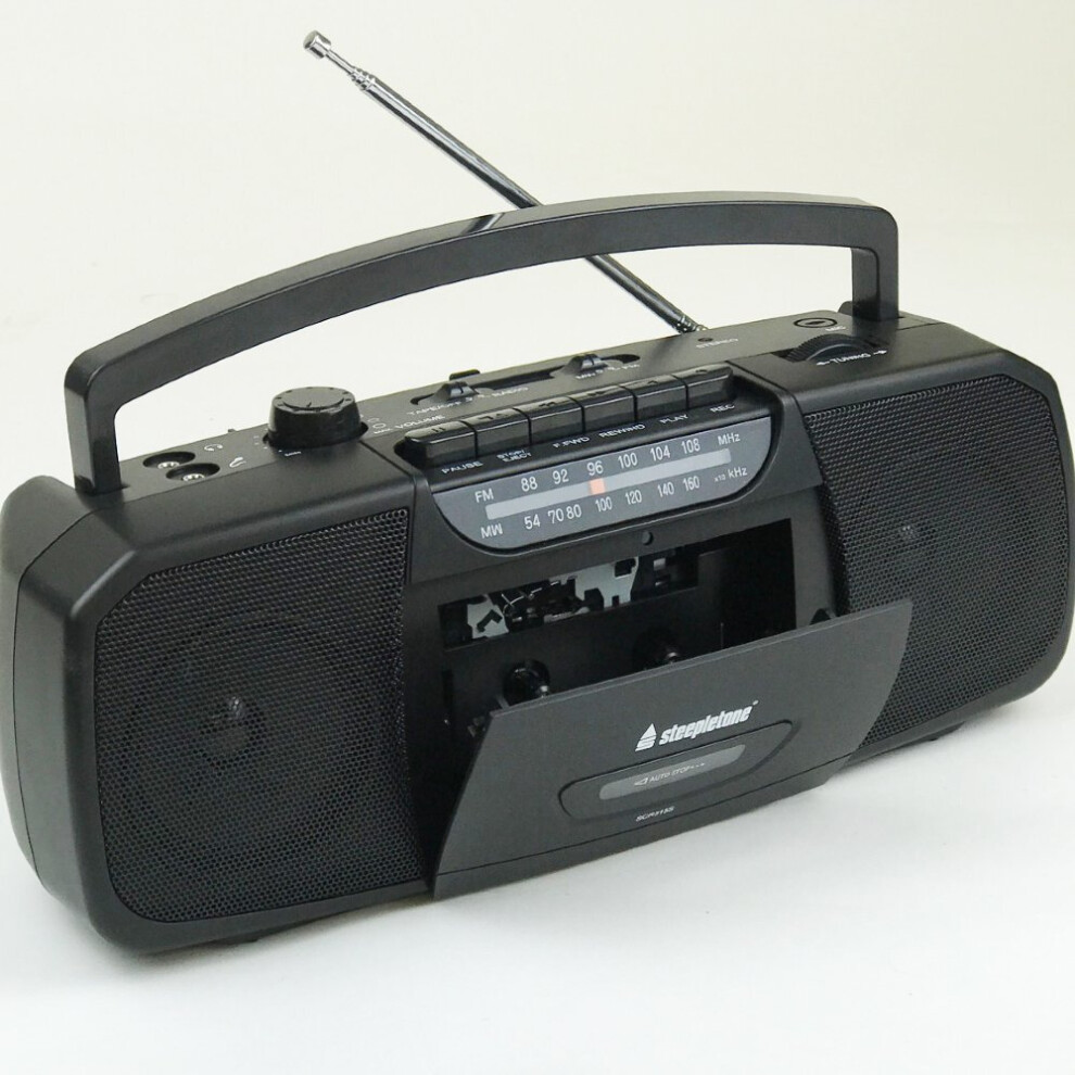 (Black) Steepletone SCR315s STEREO Cassette Tape Recorder MW / FM Radio, Mains lead included - can be battery powered