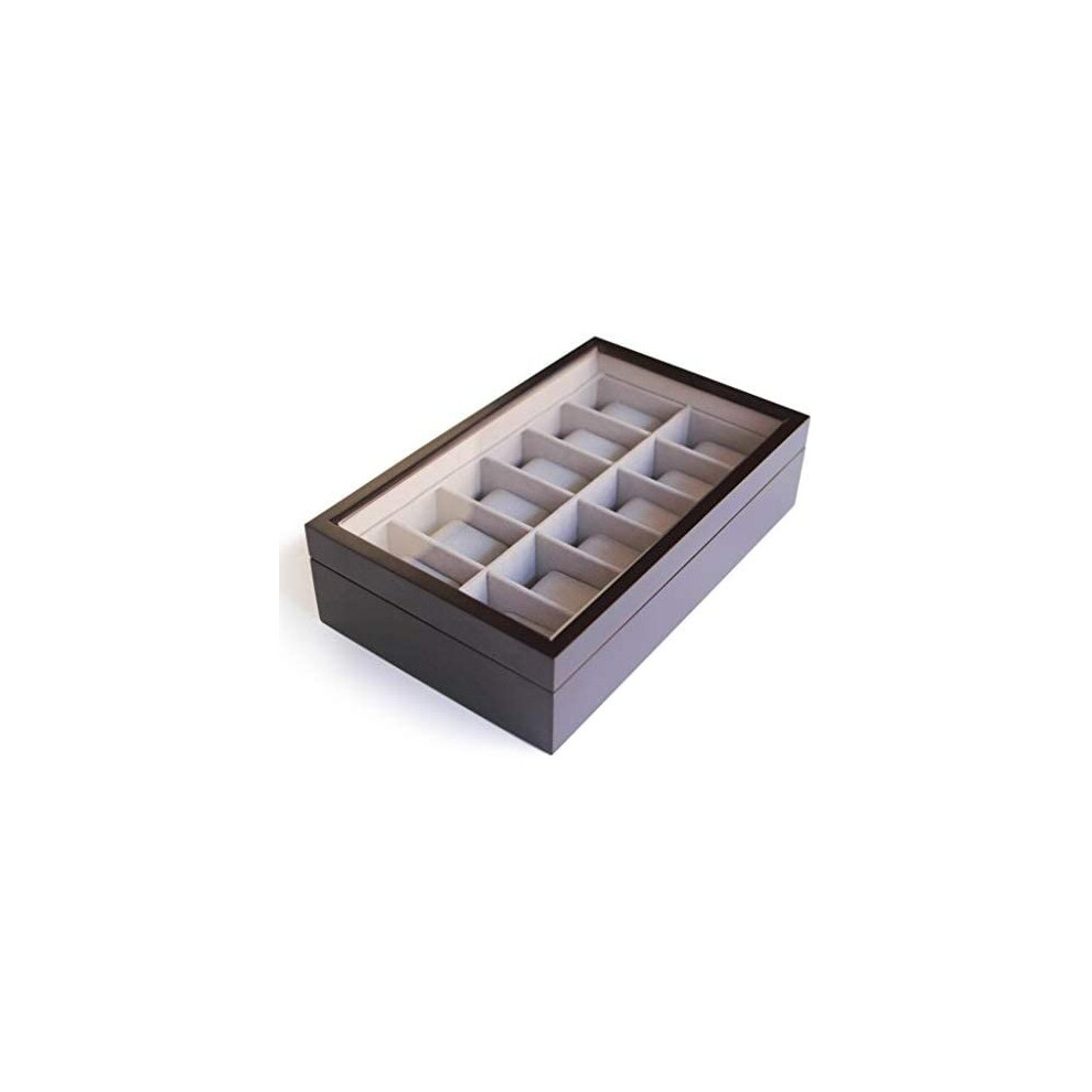 Solid Espresso 12 Slot Wood Watch Box Organizer with Glass Display Top by Case Elegance