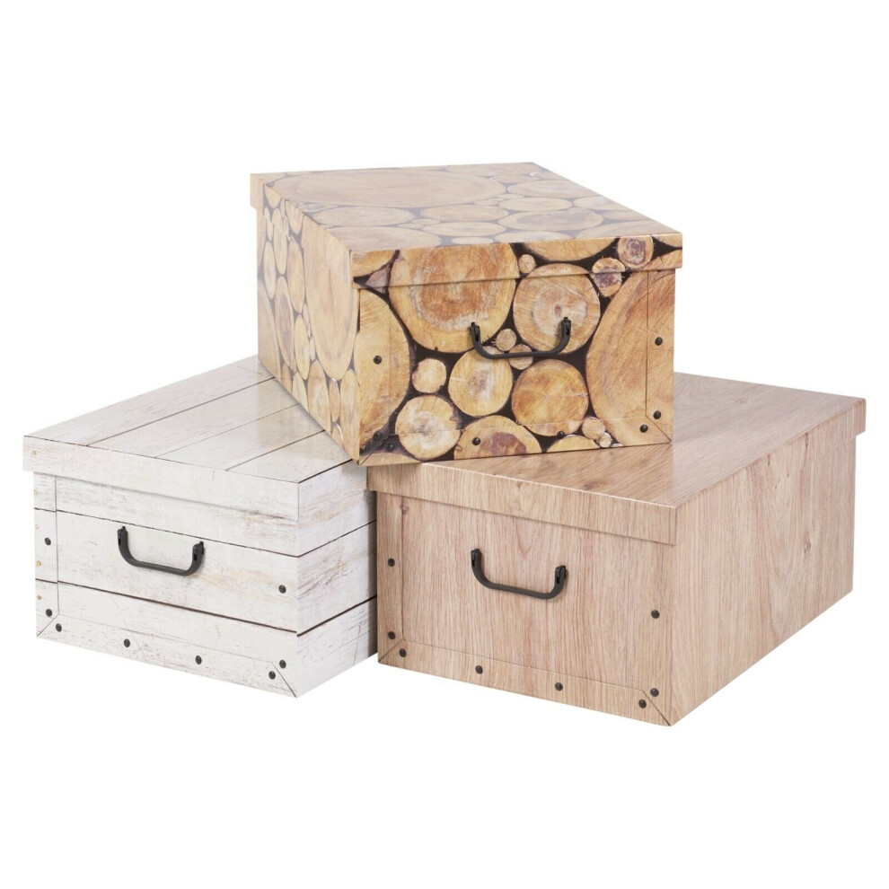 (Wood Style) 3 Collapsible Underbed Cardboard Storage Boxes Lid