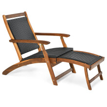 Folding Acacia Wood Lounge Chair with Retractable Footrest
