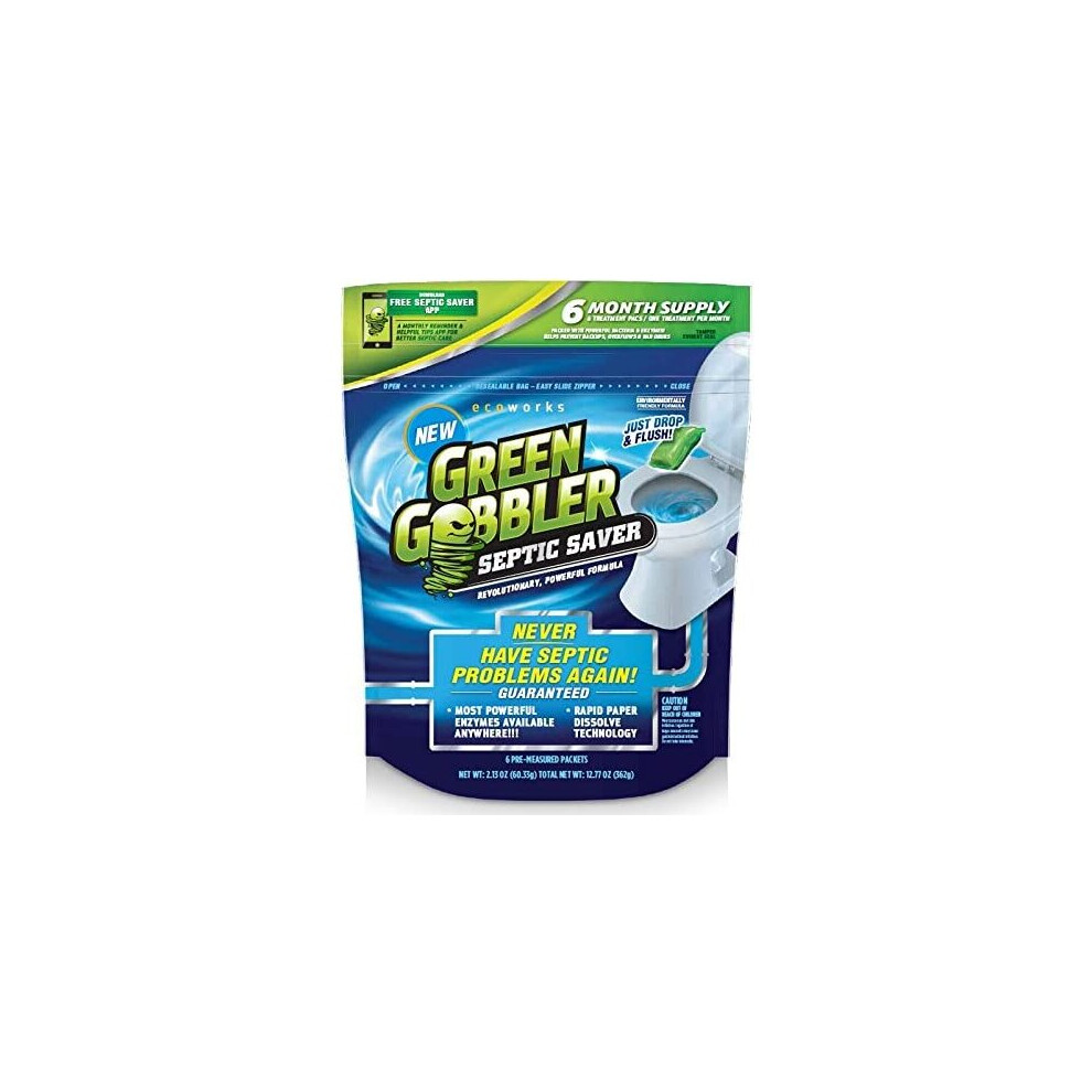 Green Gobbler Septic Saver Treatment System - Sewage & Septic Tank Cleaner - Bacteria Enzyme Packs for Monthly Septic Tank Treatments - 6 Pods (1.3oz)